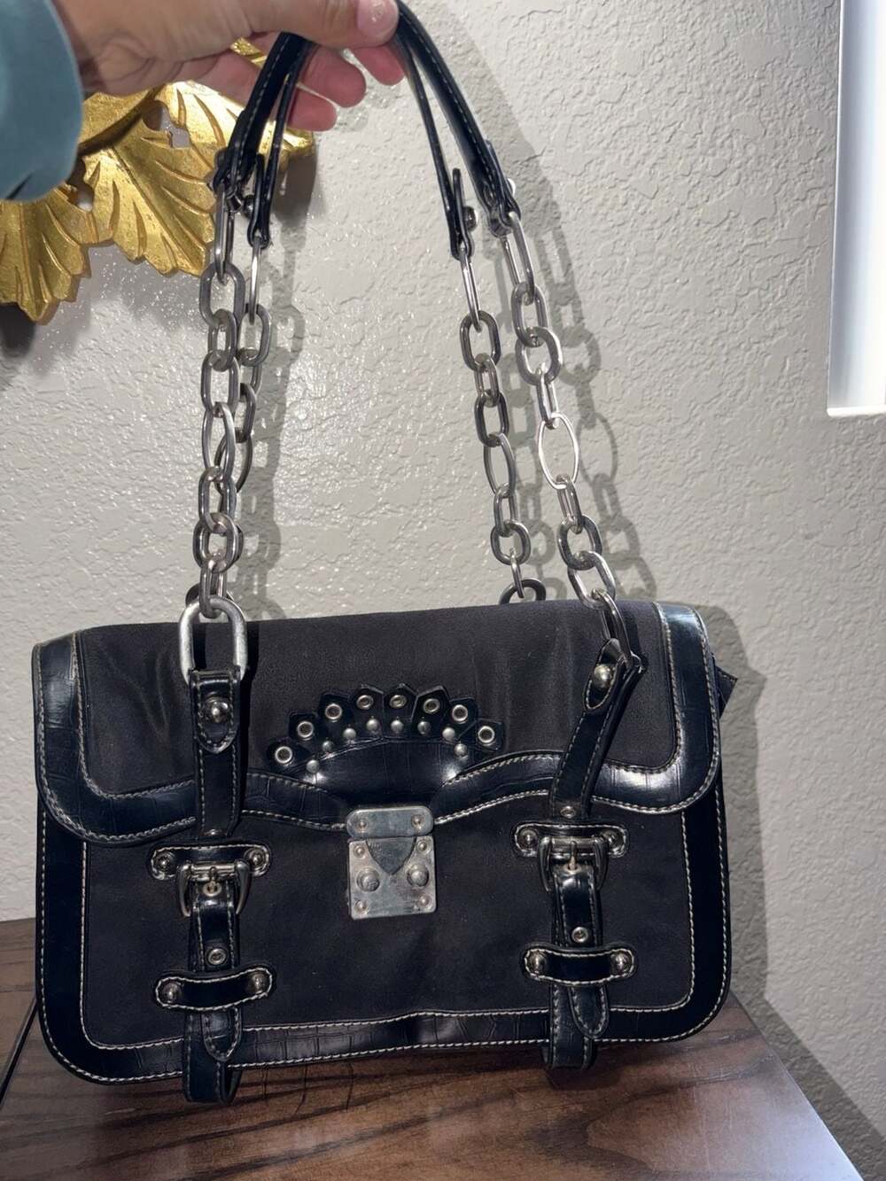 Vintage Y2K Black Faux Croc Chain Strap Satchel Bag